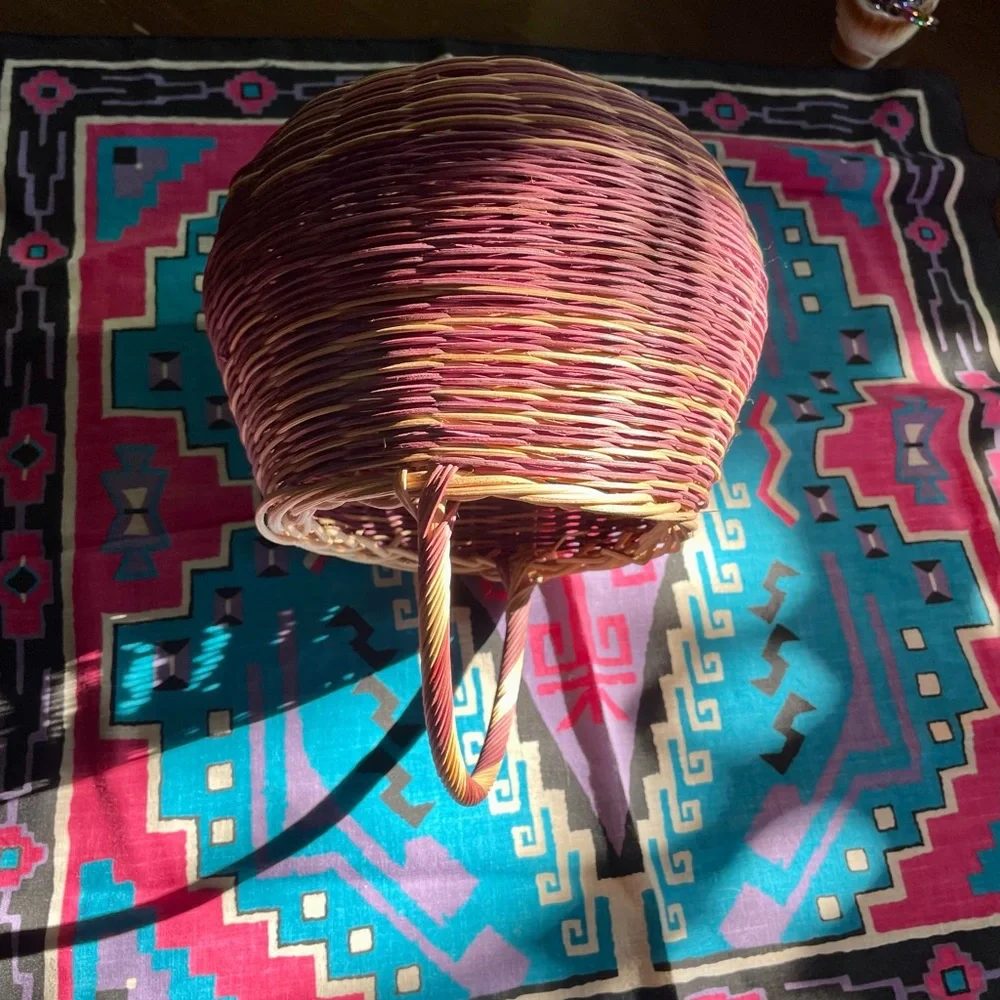 Vintage Hand Woven Round Reed Basket. Purple and Natural Color Striped. 9